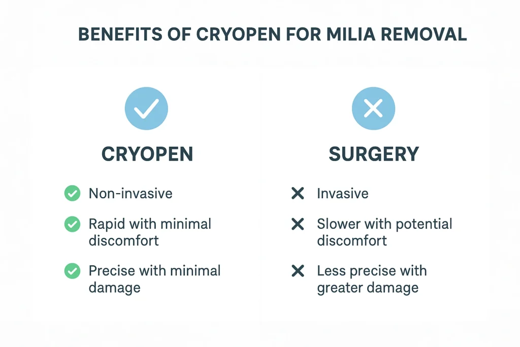 Benefits of cryopen for milia removal Ramsey compared to surgical treatments.